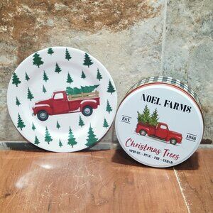 Noel Farms Christmas Themed Decorative Tin and Plate Set